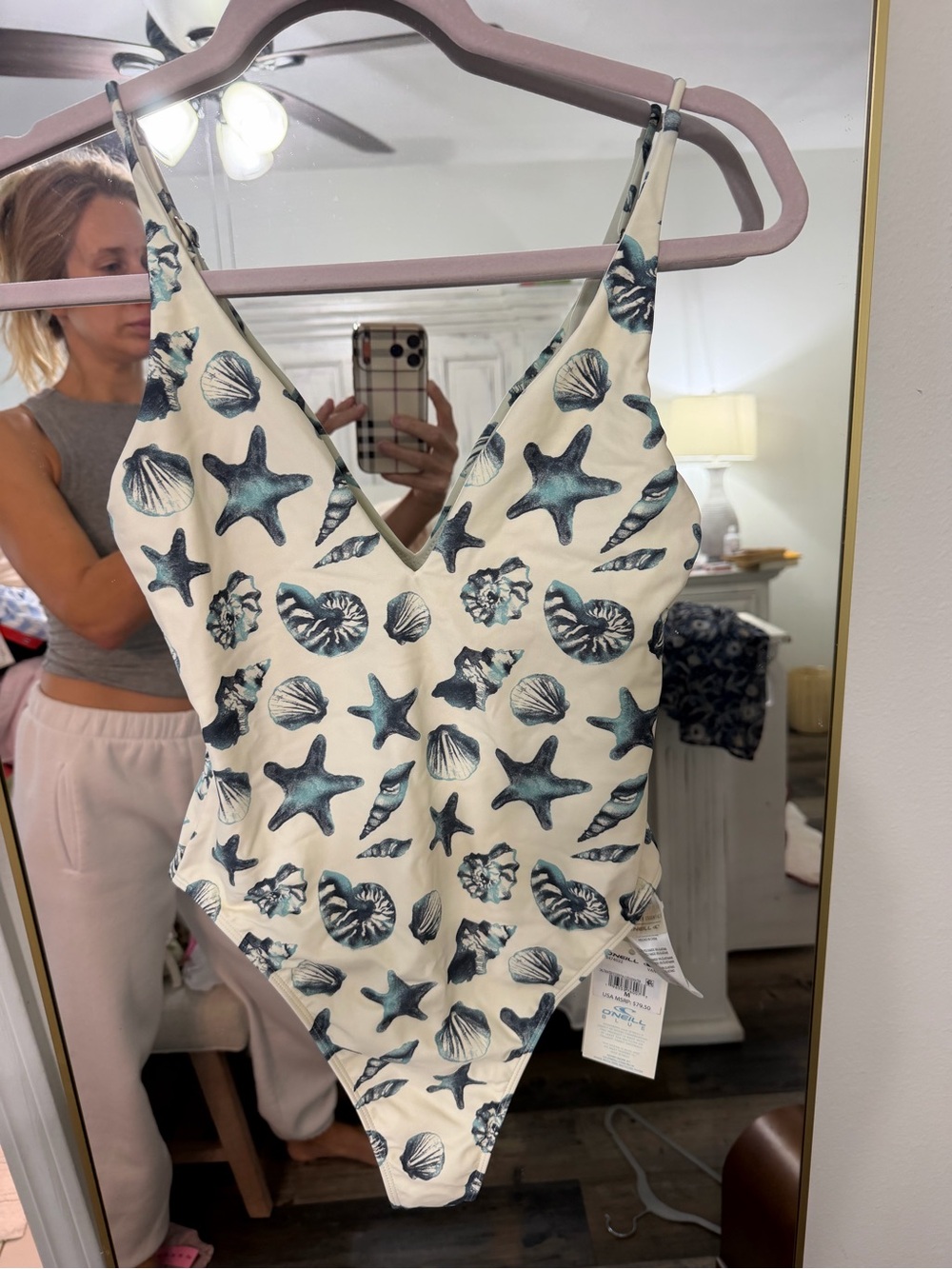 O'Neill Cream One-Piece Swimsuit with Blue Seashell & Starfish Motif